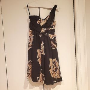 Betsey Johnson silk floral one shoulder black cocktail dress sz 2